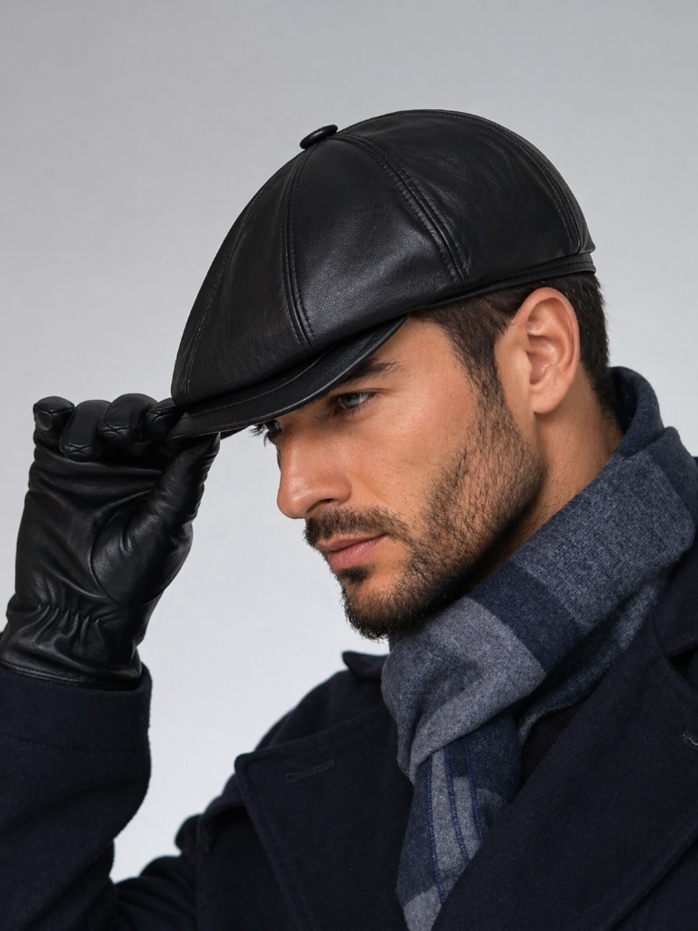 Likkiu Black Genuine Leather 8-Panel Newsboy Cap - Handmade in Italy